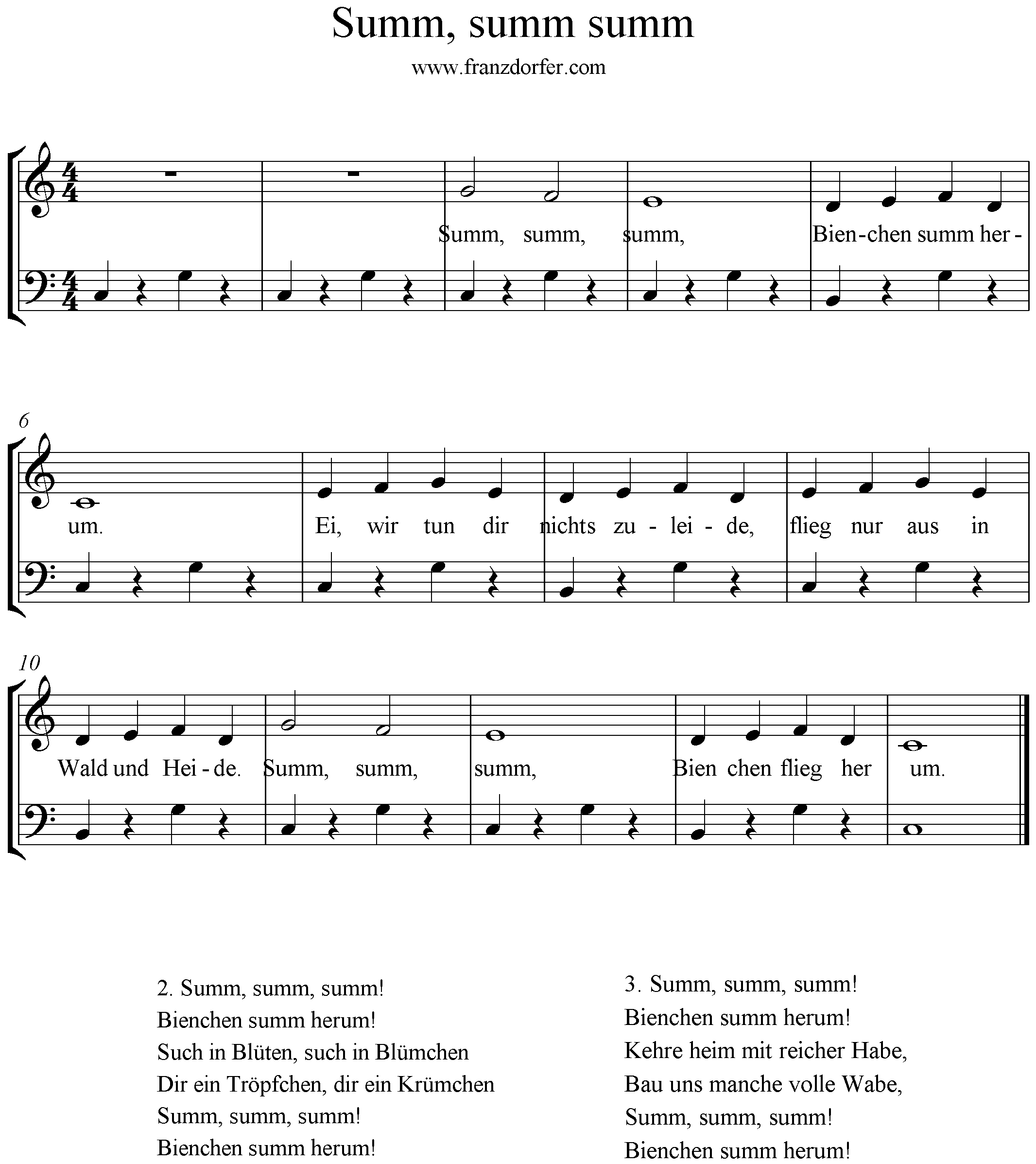 klaviernoten, C-Dur, Summ sum summ